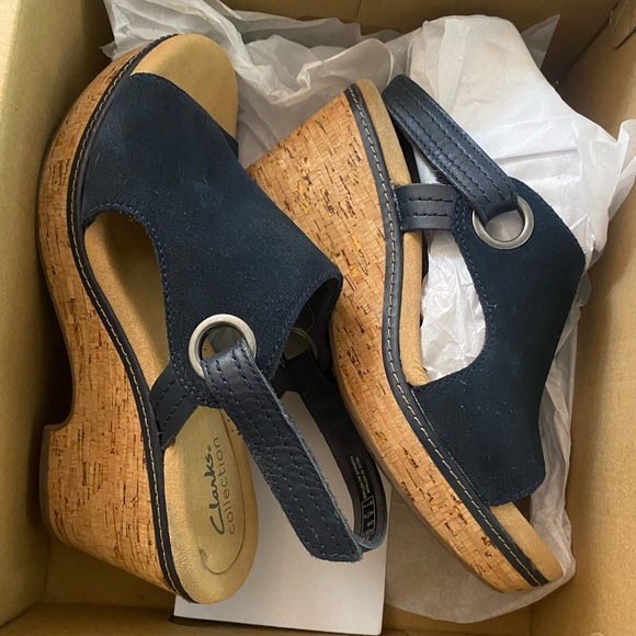 Clarks Shoes - Clarks Collection Giselle Sea Leather /suede, cork wedges, navy 7.5
